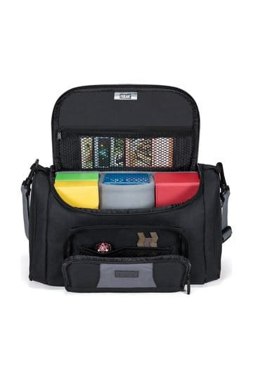 ENHANCE USA Gear TCG Series Travel Bag Black open showing interior compartments with Dragon Shield boxes
