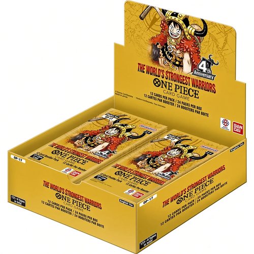 One Piece Card Game 4th Anniversary The World's Strongest Warriors card booster box display containing multiple booster packs, featuring Luffy artwork on a yellow and gold background.